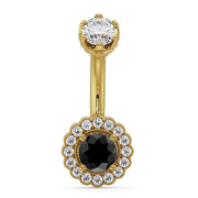 14k yellow gold navel ring with black diamond center and white diamond halo setting, front view