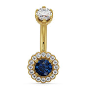 14k yellow gold navel ring with blue sapphire center stone surrounded by diamond halo, front view
