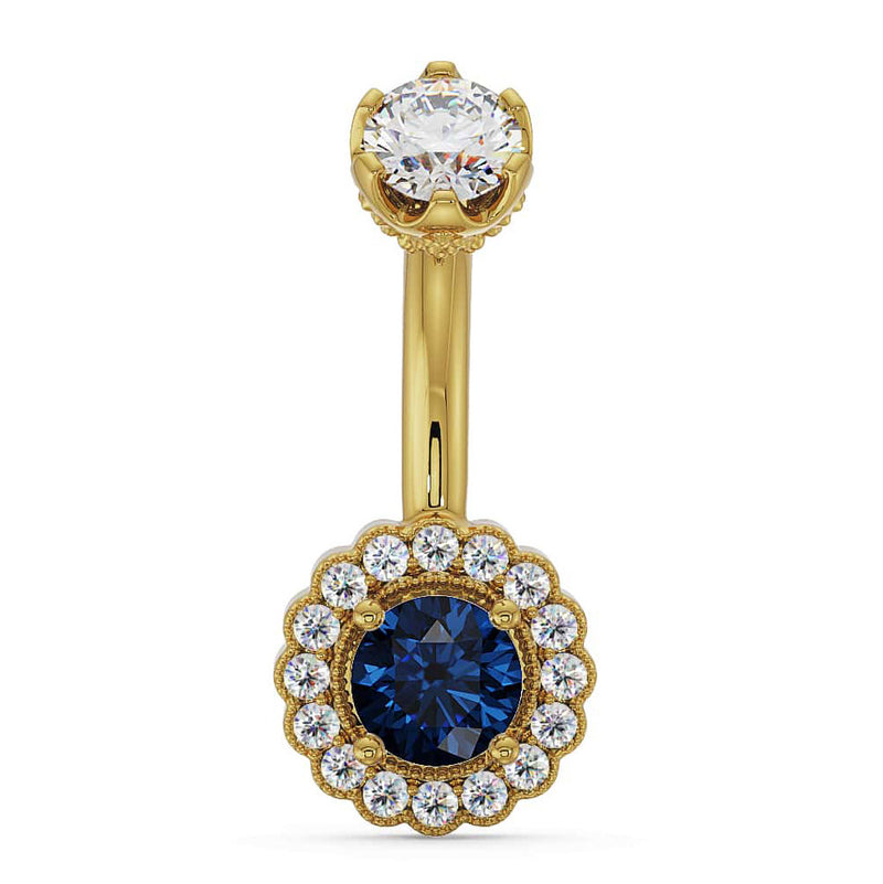 14k yellow gold navel ring with blue sapphire center stone surrounded by diamond halo, front view