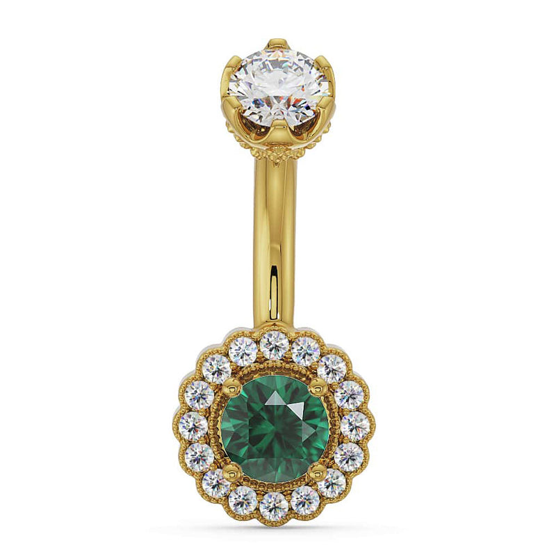 14k yellow gold belly ring with emerald center and white diamond halo scalloped charm, front view