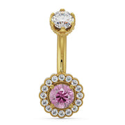 14k yellow gold belly ring with pink sapphire center and diamond halo scalloped setting, front view