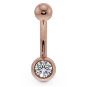 14k rose gold belly button ring featuring genuine diamond solitaire in polished bezel setting