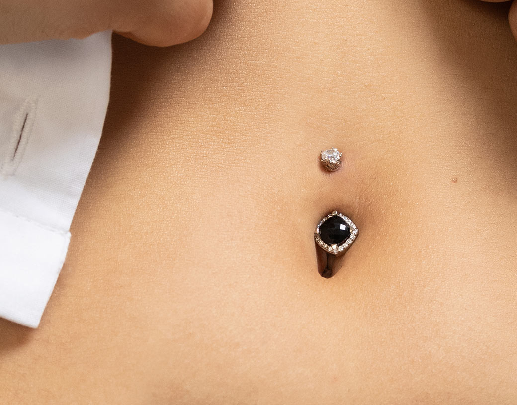 Black Onyx  Diamond Antiqued Cushion Cut 14k Gold Belly Ring Fresh Trends