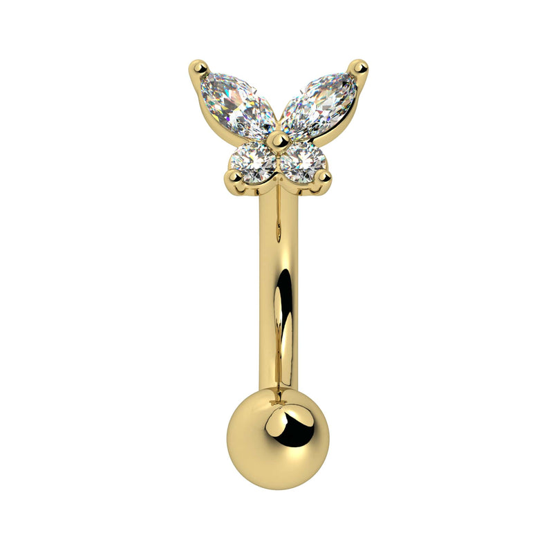 14k yellow gold butterfly rook barbell with CZ stones, straight-on front view on white background