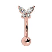 14k rose gold butterfly curved barbell with CZ marquise stones, front view on white background