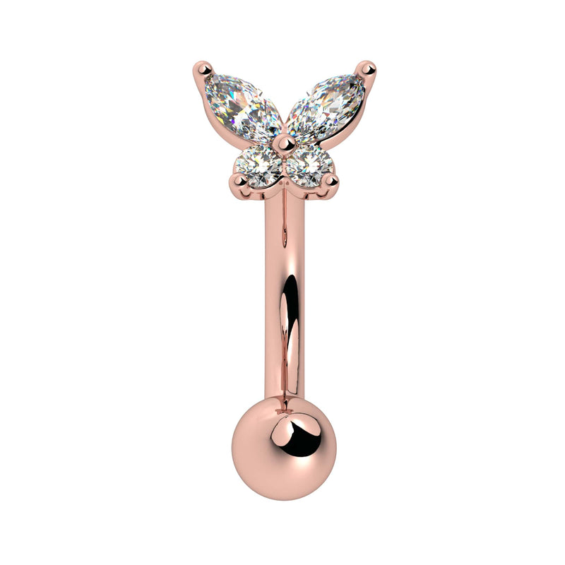 14k rose gold butterfly curved barbell with CZ marquise stones, front view on white background