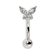 14k white gold butterfly curved barbell with CZ butterfly top, front view on white background
