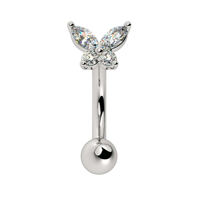 14k white gold butterfly curved barbell with CZ butterfly top, front view on white background