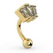 Angled side view of 14k yellow gold deco fan curved barbell showing baguette CZ setting depth