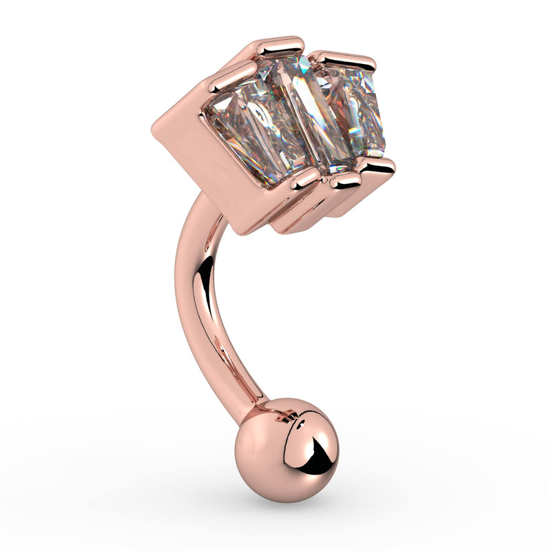 Angled side view of 14k rose gold deco fan curved barbell showing baguette CZ setting and curved post