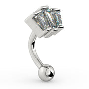 Angled side view of 14k white gold deco fan curved barbell showing baguette CZ setting depth