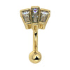 14k yellow gold deco fan curved barbell with three tapered baguette CZs, front view