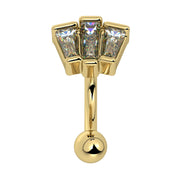 14k yellow gold deco fan curved barbell with three tapered baguette CZs, front view