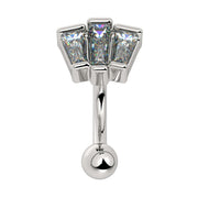 14k white gold deco fan curved barbell with three tapered baguette CZs, front view