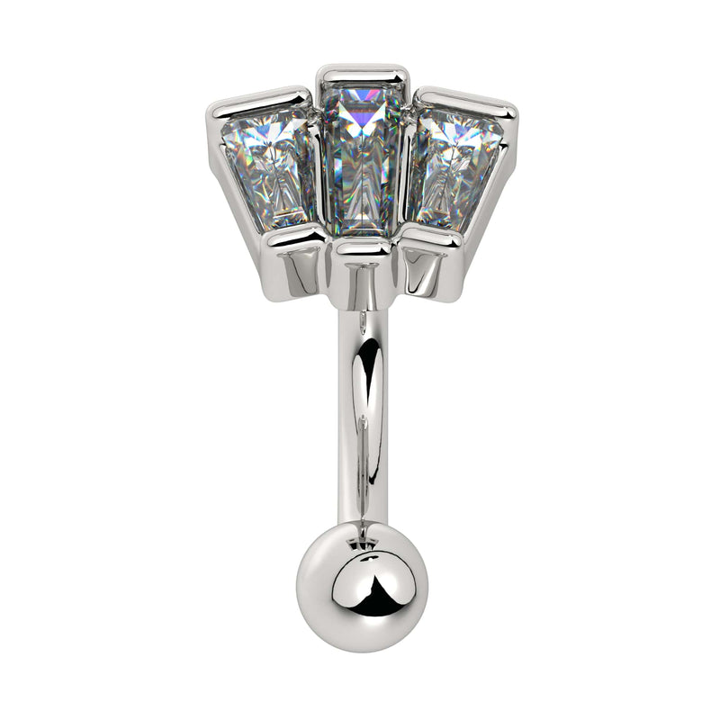14k white gold deco fan curved barbell with three tapered baguette CZs, front view