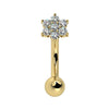 14k yellow gold flower curved barbell with CZ cluster, front view, rook or eyebrow piercing