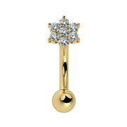 14k yellow gold flower curved barbell with CZ cluster, front view, rook or eyebrow piercing