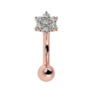 14k rose gold flower curved barbell with CZ cluster, front view, rook or eyebrow piercing