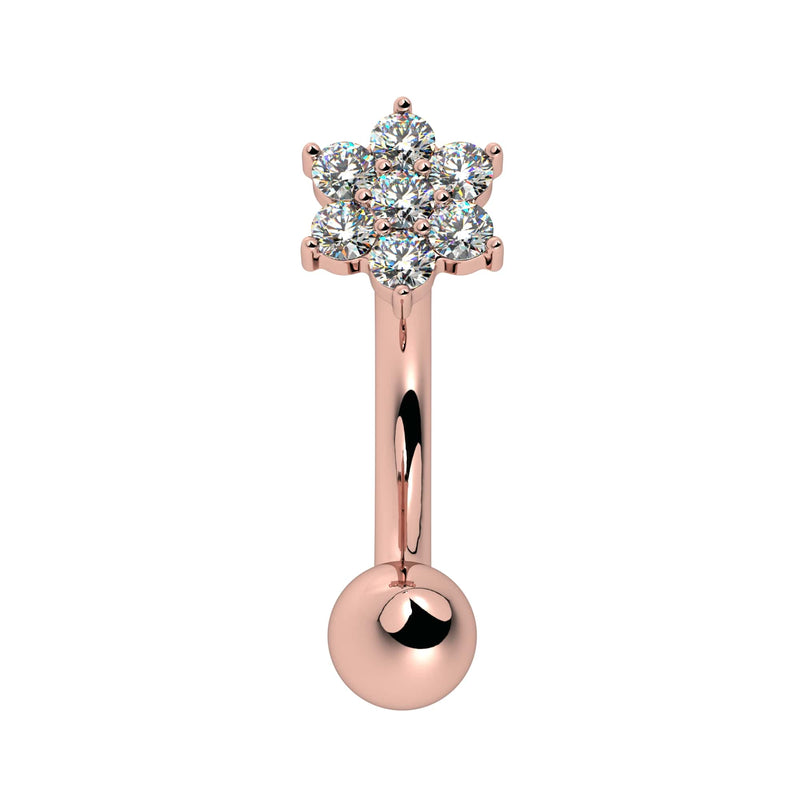 14k rose gold flower curved barbell with CZ cluster, front view, rook or eyebrow piercing