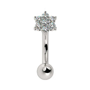 14k white gold flower curved barbell with CZ cluster, front view, rook or eyebrow piercing