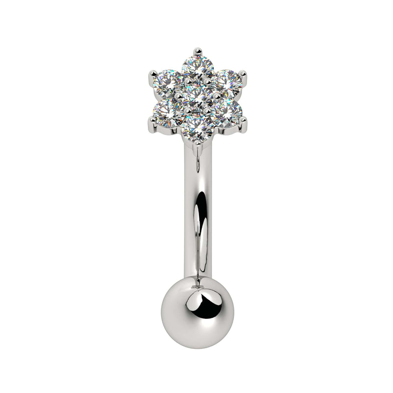 14k white gold flower curved barbell with CZ cluster, front view, rook or eyebrow piercing