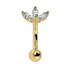 14k yellow gold lotus curved barbell with three marquise CZ stones, front view