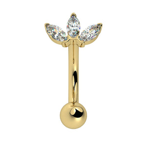 14k yellow gold lotus curved barbell with three marquise CZ stones, front view
