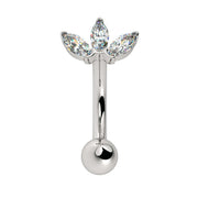 14k white gold lotus curved barbell with three marquise CZ stones, front view