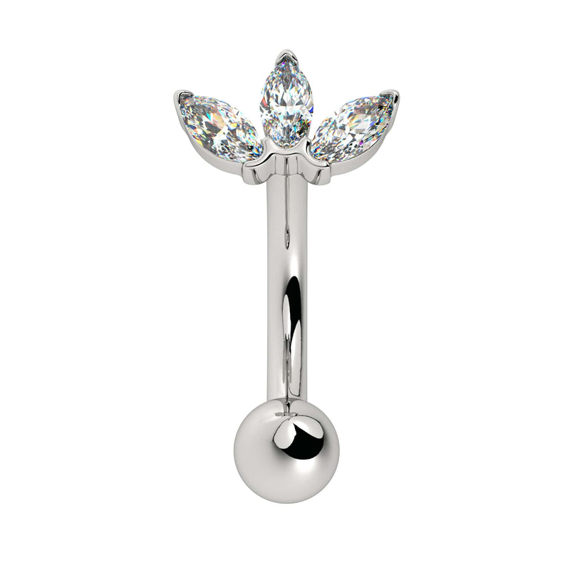 14k white gold lotus curved barbell with three marquise CZ stones, front view
