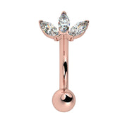 14k rose gold lotus curved barbell with three marquise CZ stones, front view