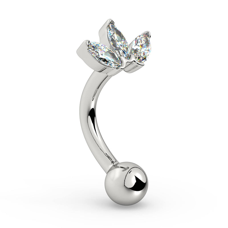 Side profile of 14k white gold lotus curved barbell showing marquise CZ cluster and curved shaft