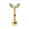 14k yellow gold curved barbell with dual marquise CZ petal top, front view