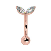14k rose gold curved barbell with dual marquise CZ petal top, front view
