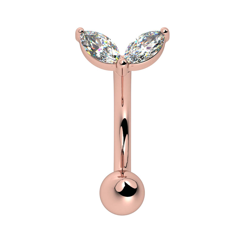 14k rose gold curved barbell with dual marquise CZ petal top, front view