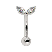 14k white gold curved barbell with dual marquise CZ petal top, front view