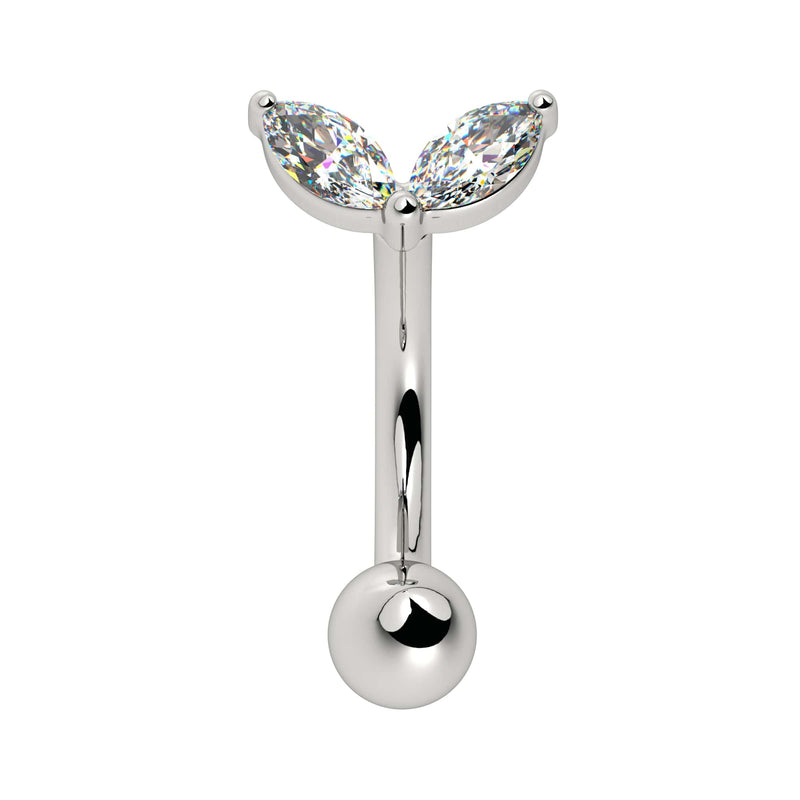14k white gold curved barbell with dual marquise CZ petal top, front view