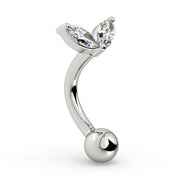 Side profile of 14k white gold petals curved barbell showing marquise CZ stones and curve