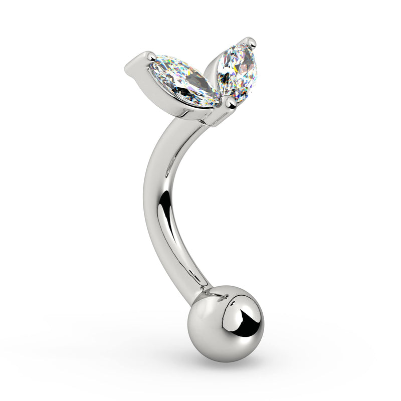 Side profile of 14k white gold petals curved barbell showing marquise CZ stones and curve