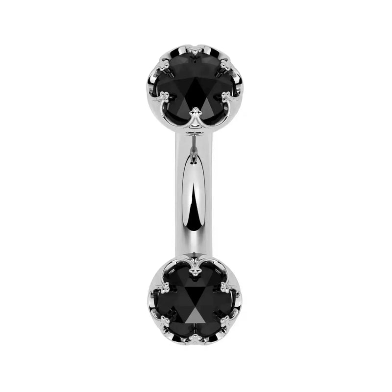 Reina Rose-Cut Black Diamond Crown Curved Barbell in 14k white gold, front view - for navel, rook, or eyebrow piercings