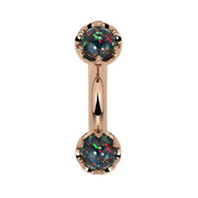 Reina Black Opal Crown Curved Barbell in 14k rose gold, front view - for navel, rook, or eyebrow piercings