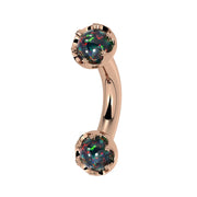 Reina Black Opal Crown Curved Barbell in 14k rose gold, side view - for navel, rook, or eyebrow piercings