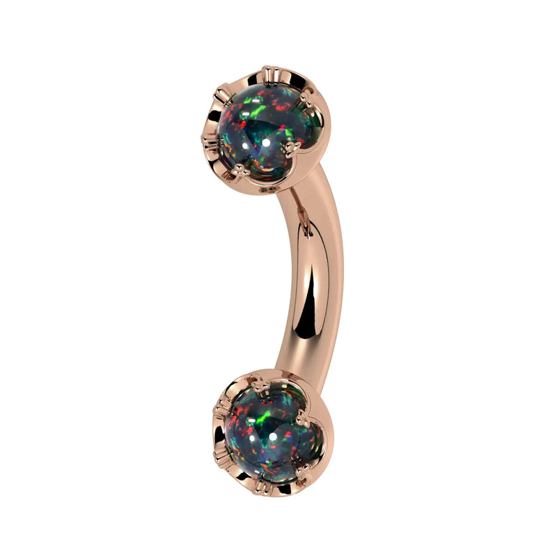 Reina Black Opal Crown Curved Barbell in 14k rose gold, side view - for navel, rook, or eyebrow piercings