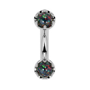 Reina Black Opal Crown Curved Barbell in 14k white gold, front view - for navel, rook, or eyebrow piercings
