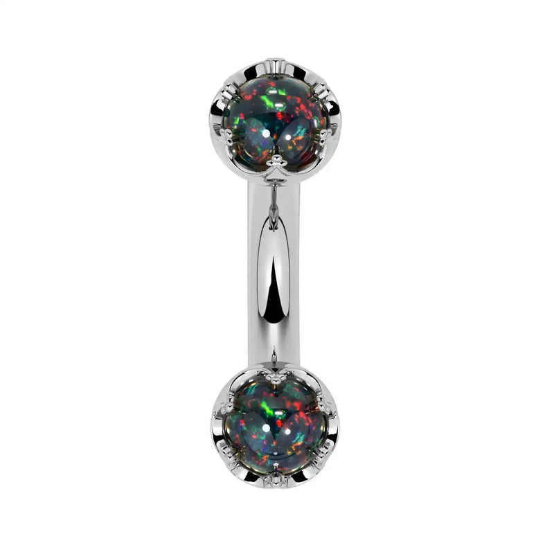 Reina Black Opal Crown Curved Barbell in 14k white gold, front view - for navel, rook, or eyebrow piercings