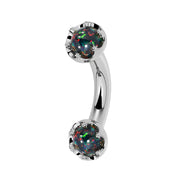 Reina Black Opal Crown Curved Barbell in 14k white gold, side view - for navel, rook, or eyebrow piercings