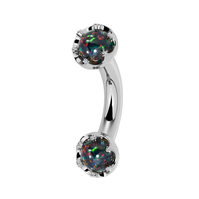 Reina Black Opal Crown Curved Barbell in 14k white gold, side view - for navel, rook, or eyebrow piercings