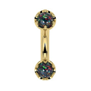Reina Black Opal Crown Curved Barbell in 14k yellow gold, front view - for navel, rook, or eyebrow piercings
