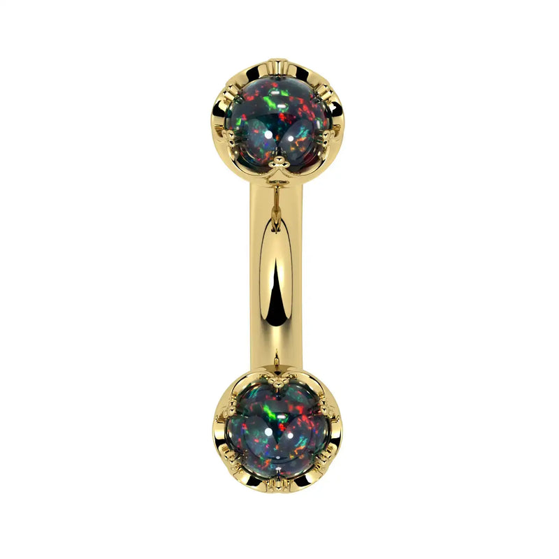 Reina Black Opal Crown Curved Barbell in 14k yellow gold, front view - for navel, rook, or eyebrow piercings