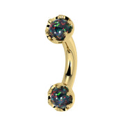 Reina Black Opal Crown Curved Barbell in 14k yellow gold, side view - for navel, rook, or eyebrow piercings