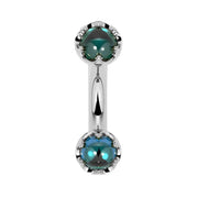 Reina London Blue Topaz Crown Curved Barbell in 14k white gold, front view - for navel, rook, or eyebrow piercings